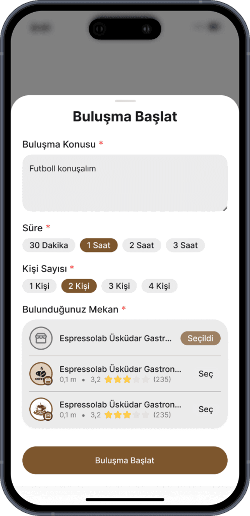 Buluşma başlat ekranı: konu, süre, kişi sayısı ve mekan seçimi