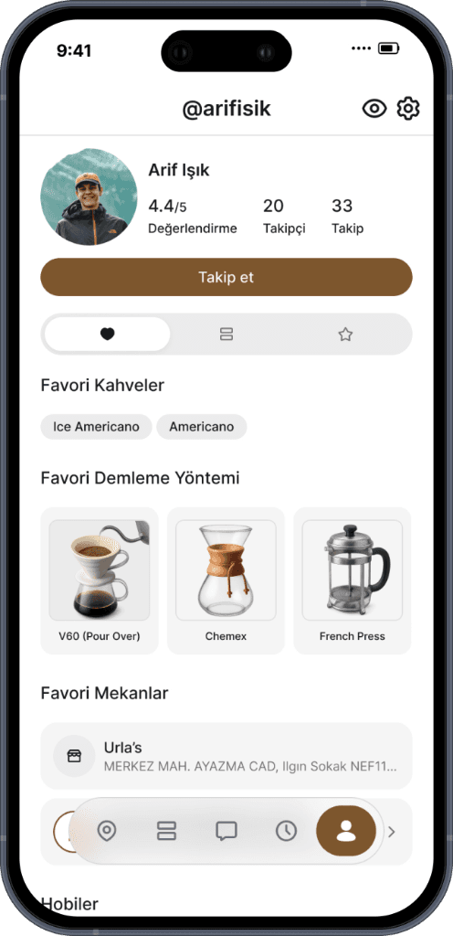 Coffee Talks profil ekranı: favori kahveler ve demleme yöntemleri